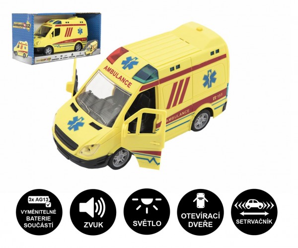 Auto ambulance plast 20 cm na setrvačník na baterie se zvukem se světlem v krabici 26x15x12cm