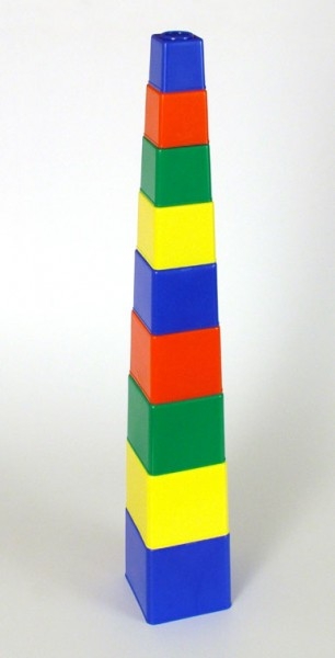  Kubus pyramida skládanka hranatá plast asst 4 barvy 9ks v sáčku 9x9x9cm 12m+