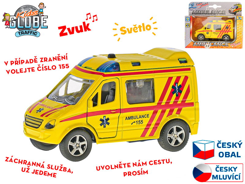 Auto sanitka ambulance 11cm kov zpětný chod na baterie česky mluvící se světlem v krabičce