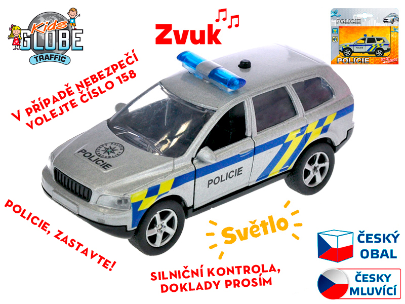 Auto policie CZ 11cm kov na zpětný chod na baterie česky mluvící se světlem v krabičce
