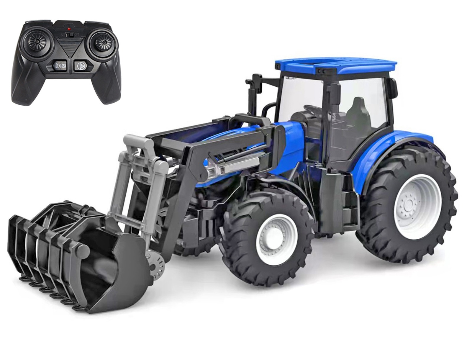 R/C traktor modrý 27 cm s předním nakladačem na baterie a se světlem 2,4 GHz