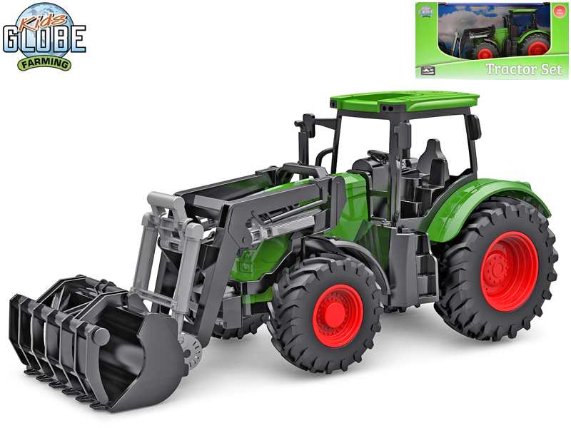 Kids Globe traktor zelený s předním nakladačem 1:24 volný chod 27cm v krabičce