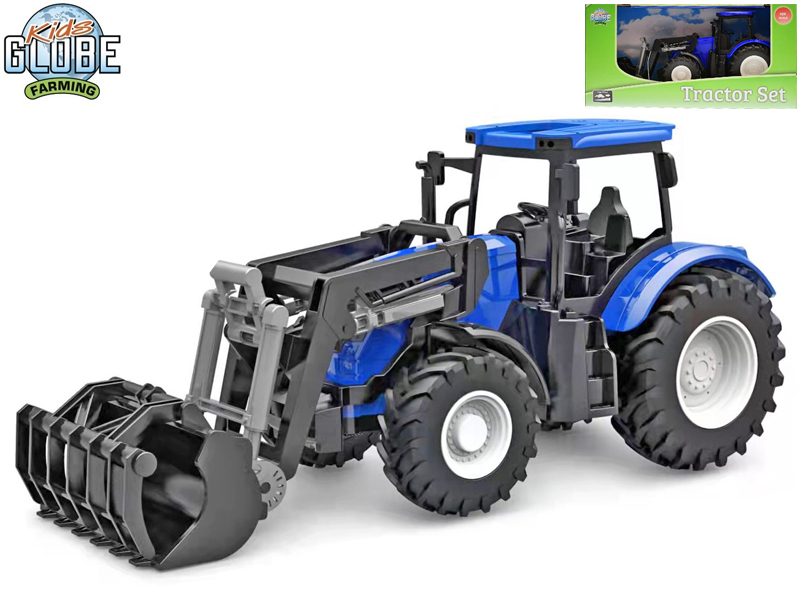 Kids Globe traktor modrý s předním nakladačem1:24 volný chod 27cm 