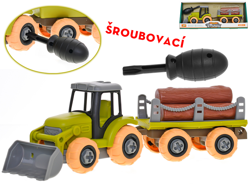 Traktor 28cm šroubovací volný chod s vlečkou a kládami v krabičce